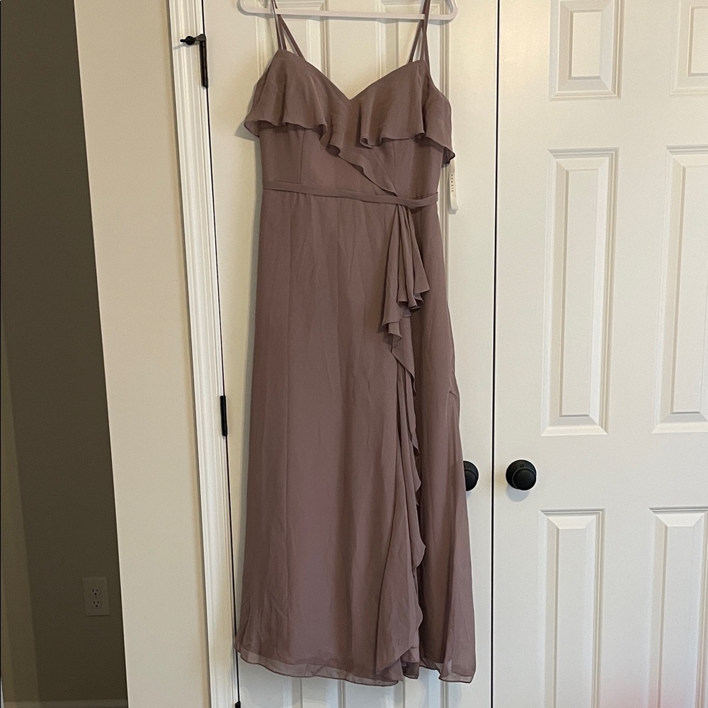 Azazie Mauve Purple Ruffle-Trim Spaghetti Strap Floor Length Bridesmaid Dress